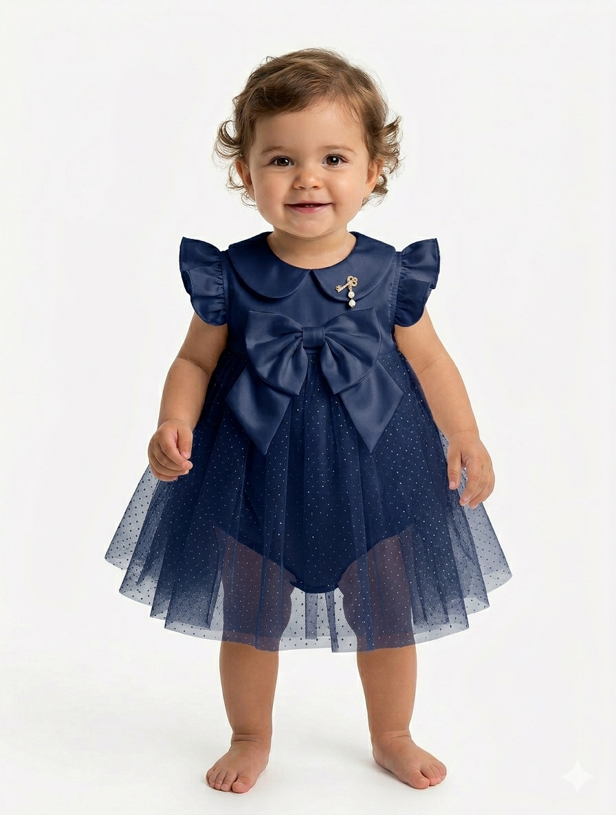 Baby Girls' Elegant Peter Pan Collar Tulle Tutu Dress with Oversized Bow Detail