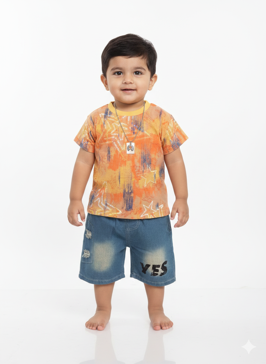 Toddler Boys' Star Print Graphic T-Shirt and Distressed Denim Shorts Two-Piece Summer Set