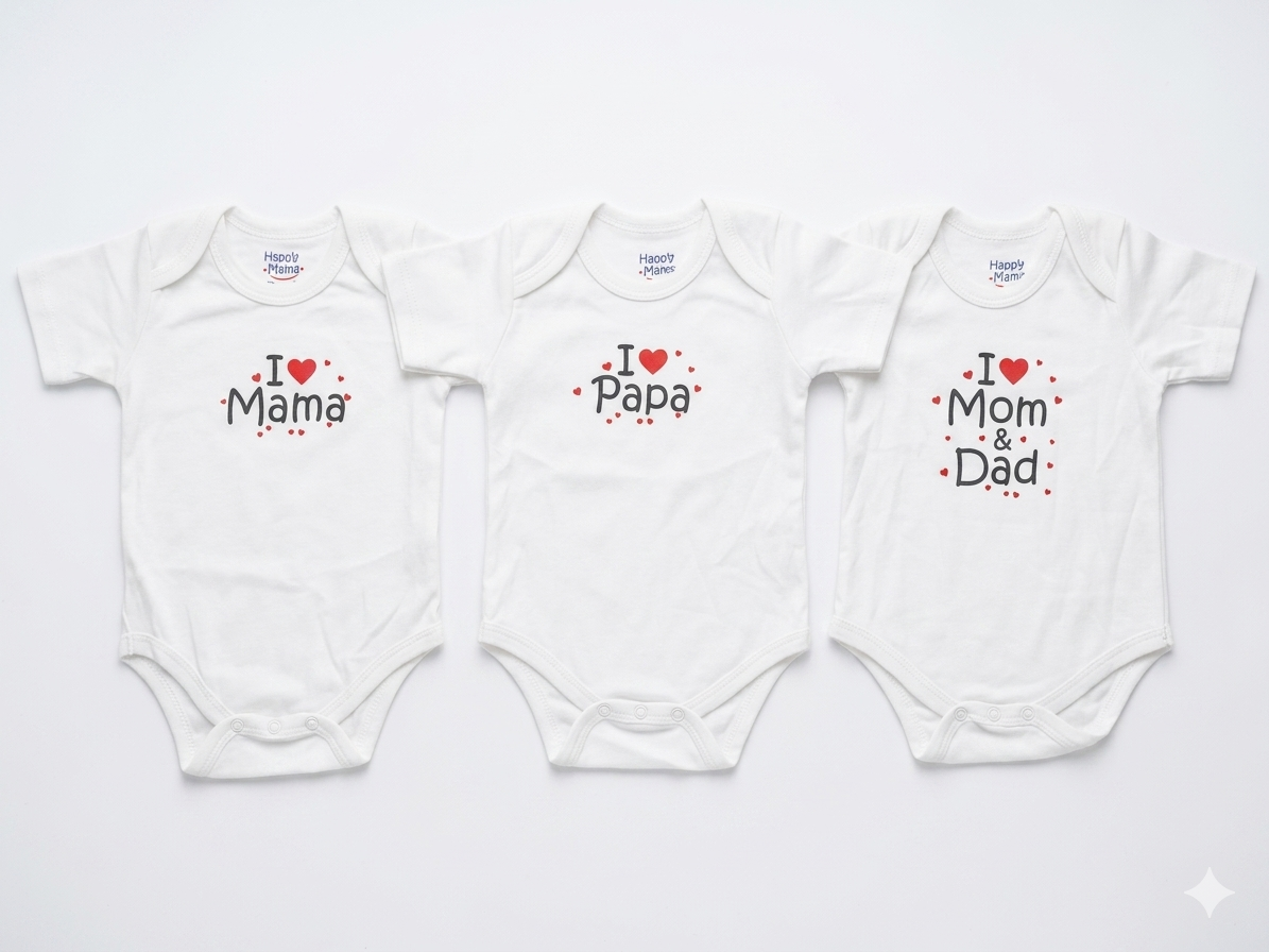 Pack of 3 Cotton Baby Onesies with I Love Mama Papa and Parents Graphics