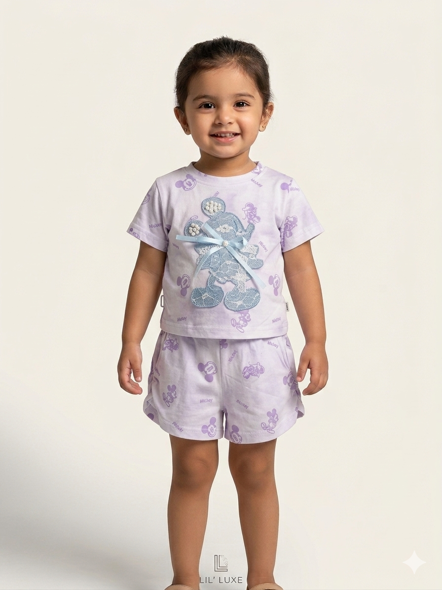 Baby Girls Cute Pink Tie Dye Mickey Mouse Patch T Shirt and Shorts Set