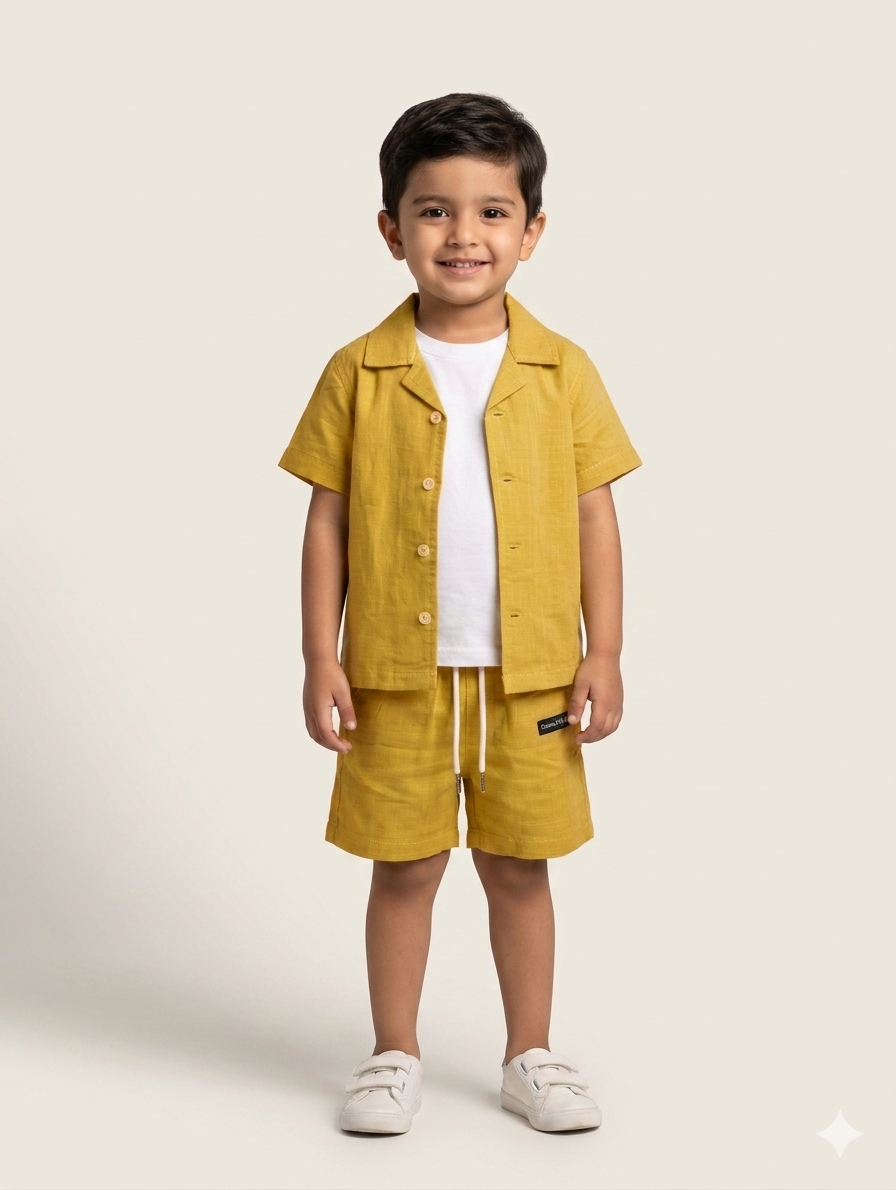 Boys Three Piece Linen Style Summer Set With Button Down Shirt Shorts And White Tee