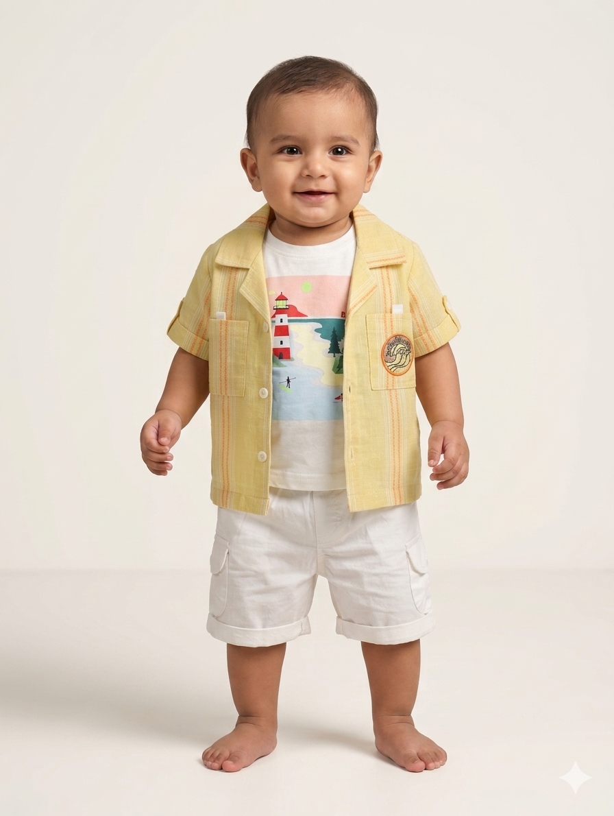 Baby Boys Nautical Three Piece Summer Set Featuring Striped Button Down Shirt and Cargo Shorts