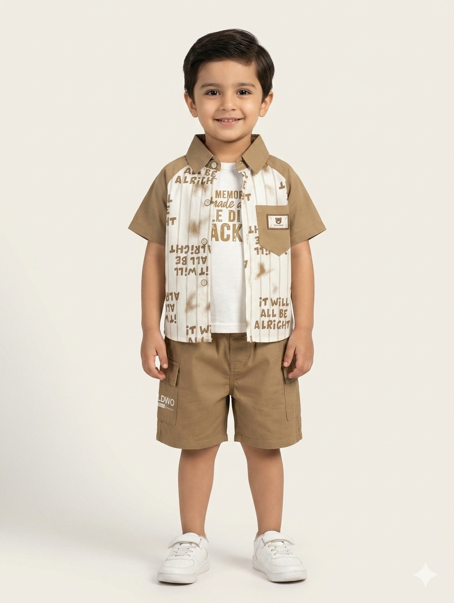 Boys Three Piece Casual Summer Set Printed Shirt T-Shirt and Matching Cargo Pocket Shorts