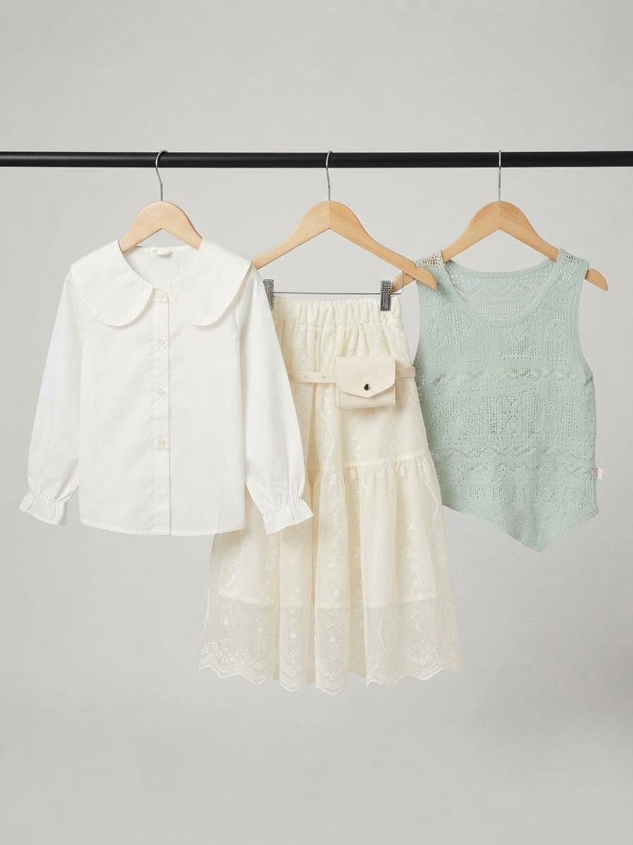 Stylish Kids Three Piece Outfit Set With Collar Shirt And Lace Skirt
