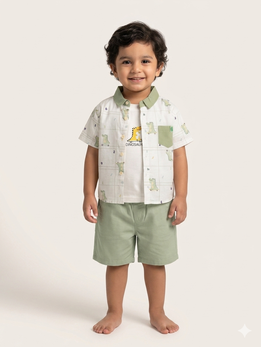 Boys Three Piece Dinosaur Print Cotton Set With Short Sleeve Shirt Inner Tee And Shorts