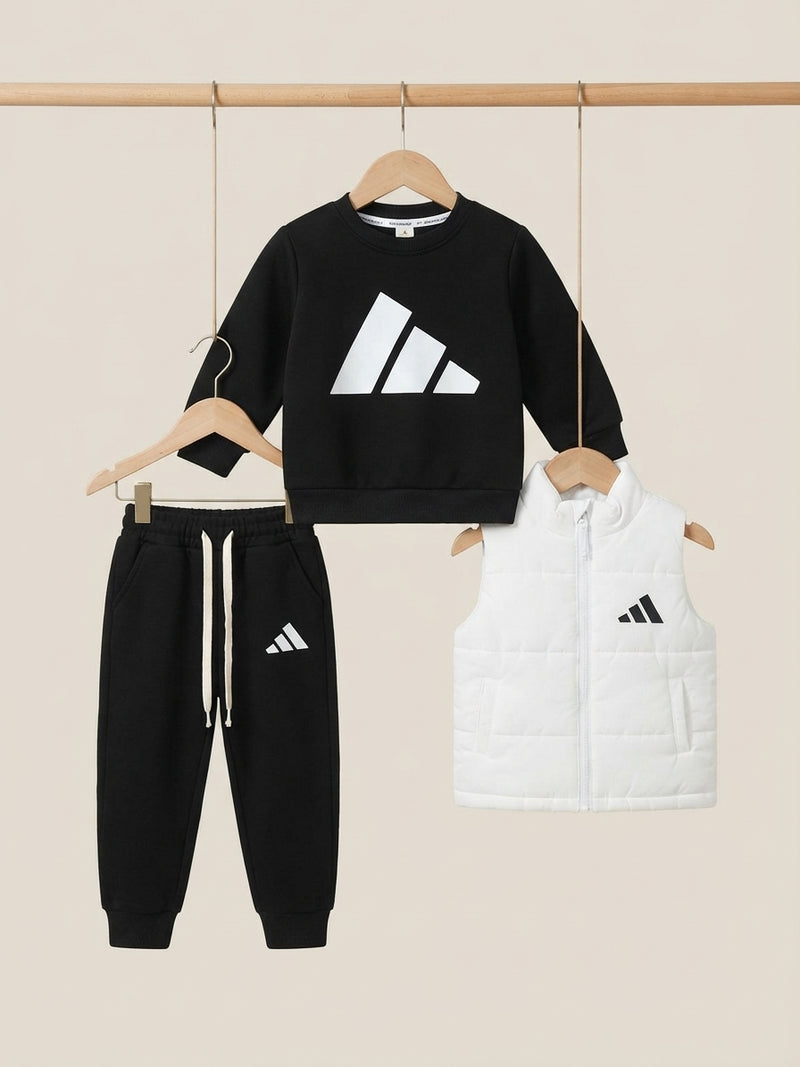 Kids Athletic Brand Logo Printed Crewneck Sweatshirt Puffer Vest And Trouser 3 Piece Outfit