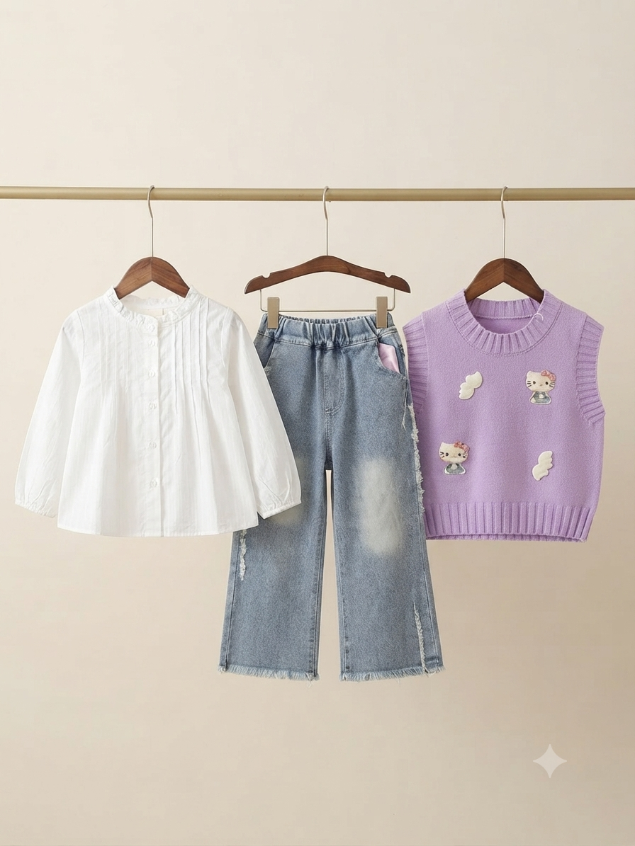 Cute Girls Three Piece Outfit With White Blouse Blue Denim Jeans And Knit Vest