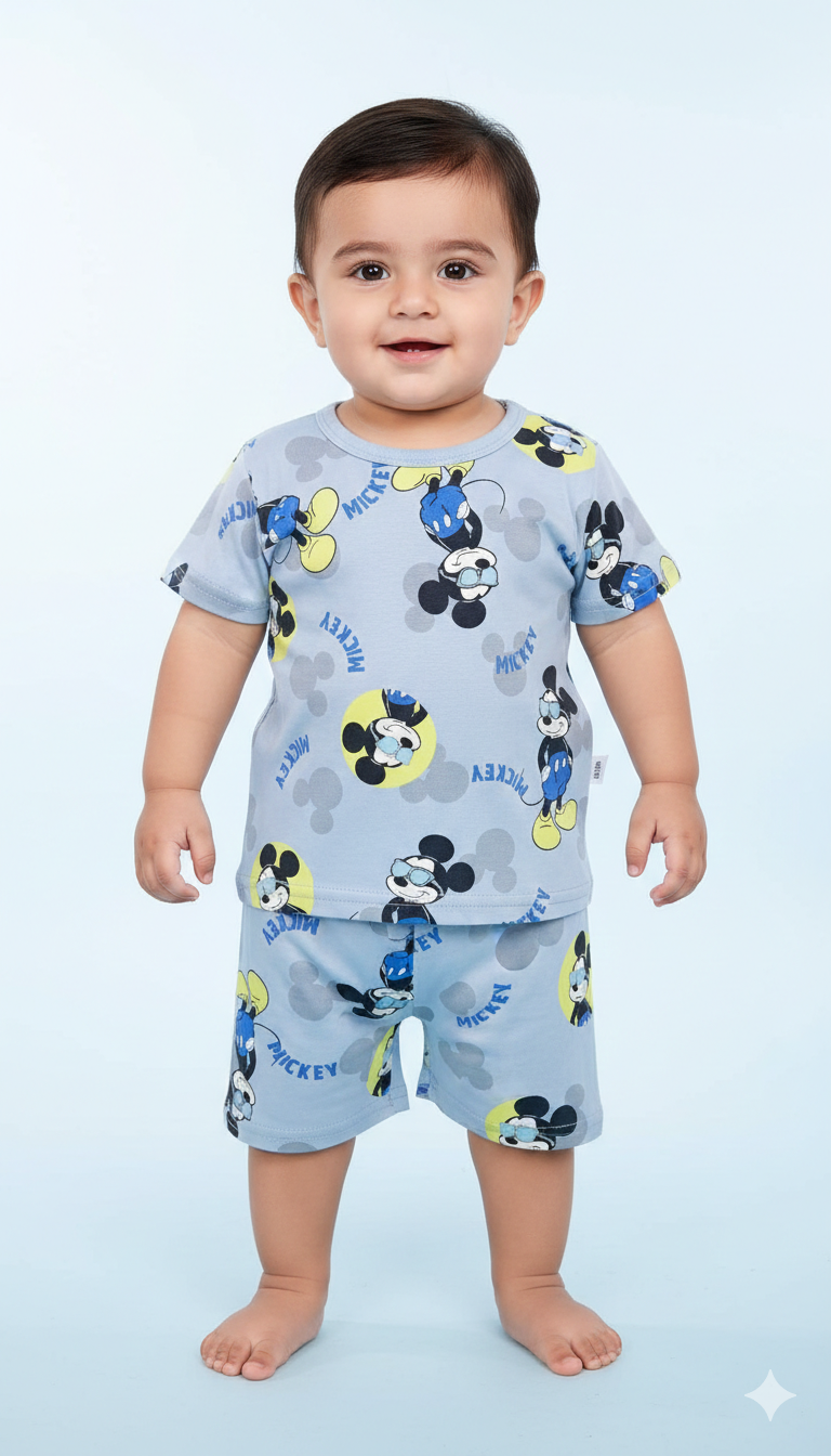 Adorable Mickey Mouse Print Short Sleeve Baby Summer Set With Comfortable Blue Cotton Matching Shorts