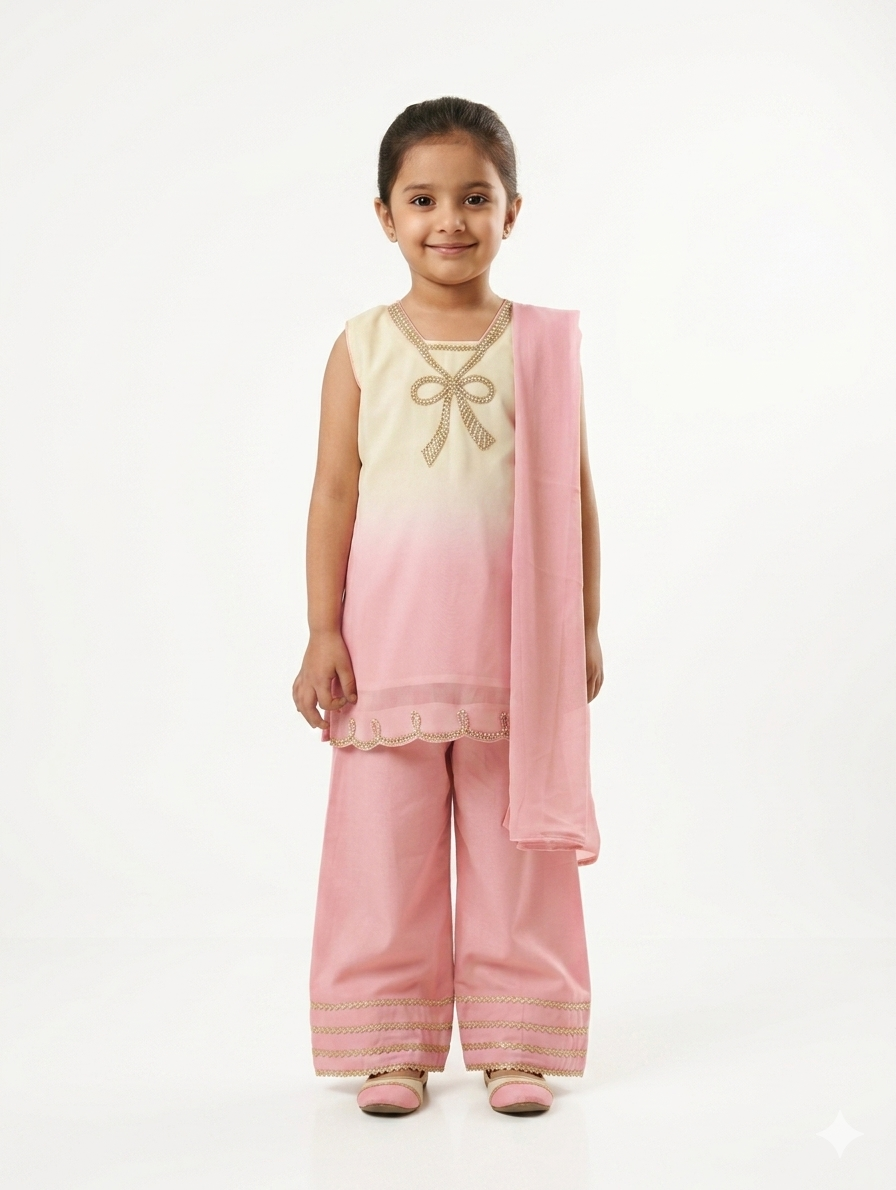 Elegant Girls Ombre Shalwar Kameez Set with Gota Embroidery in Soft Pink and Lime Green