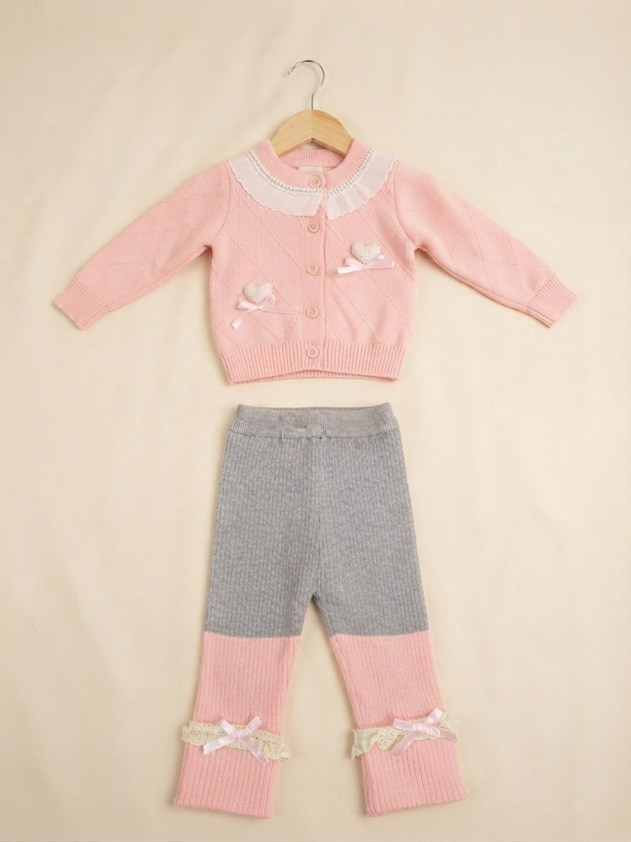 Charming Knit Cardigan and Matching Pants Set Featuring Elegant Lace Trim and Heart Accents