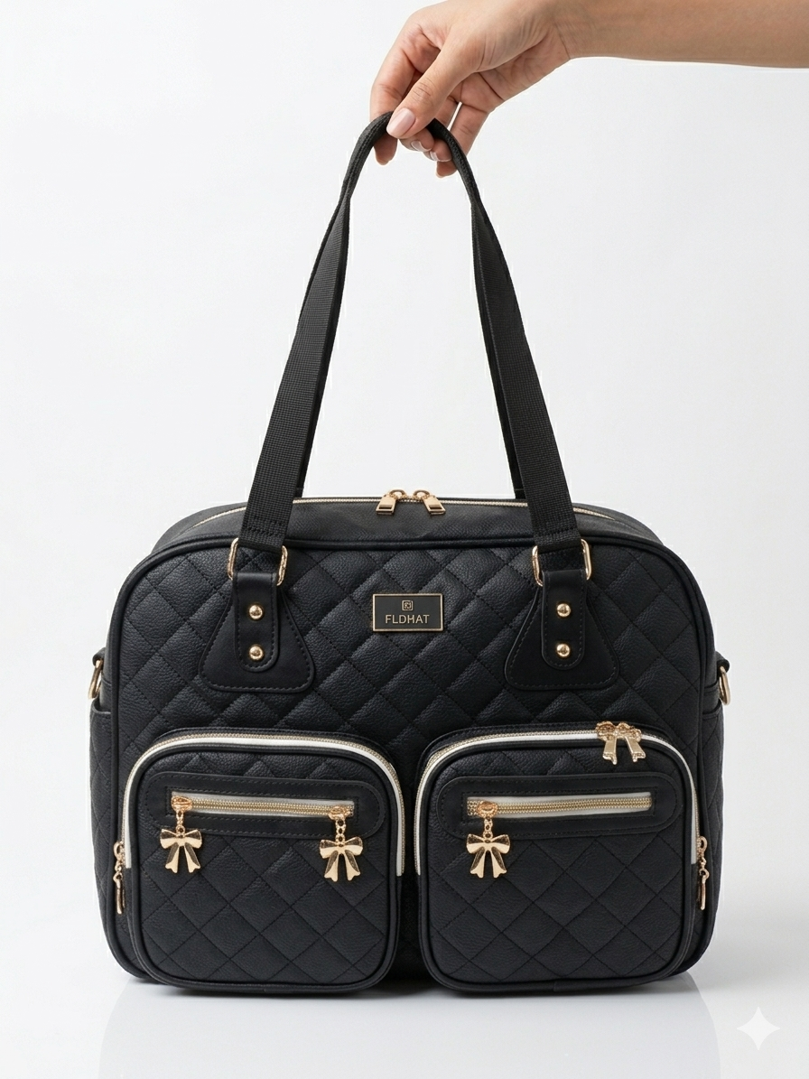 Premium Bow Charm Quilted Multi Pocket Women Handbag Stylish Durable Travel Diaper Tote Bag