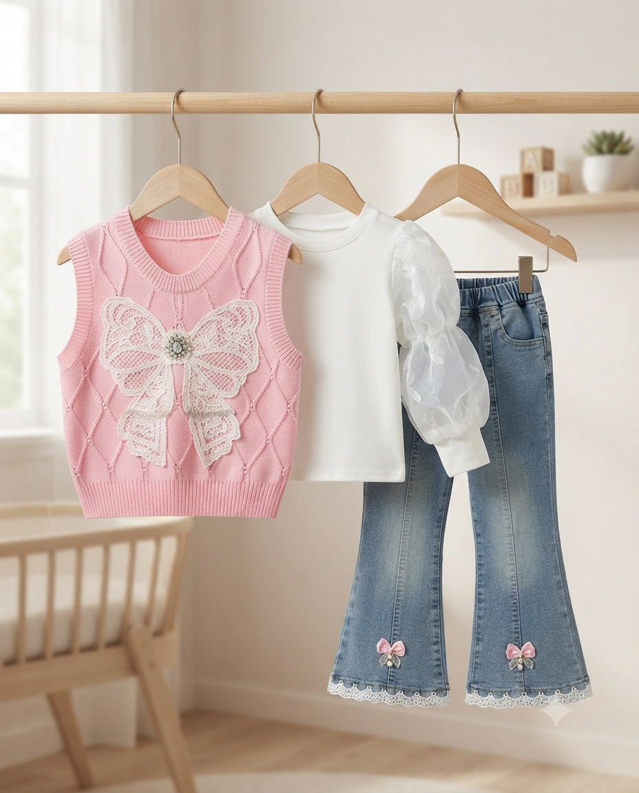 Girls Cute 3-Piece Outfit Set Knit Vest Blouse and Bell Bottom Denim Jeans