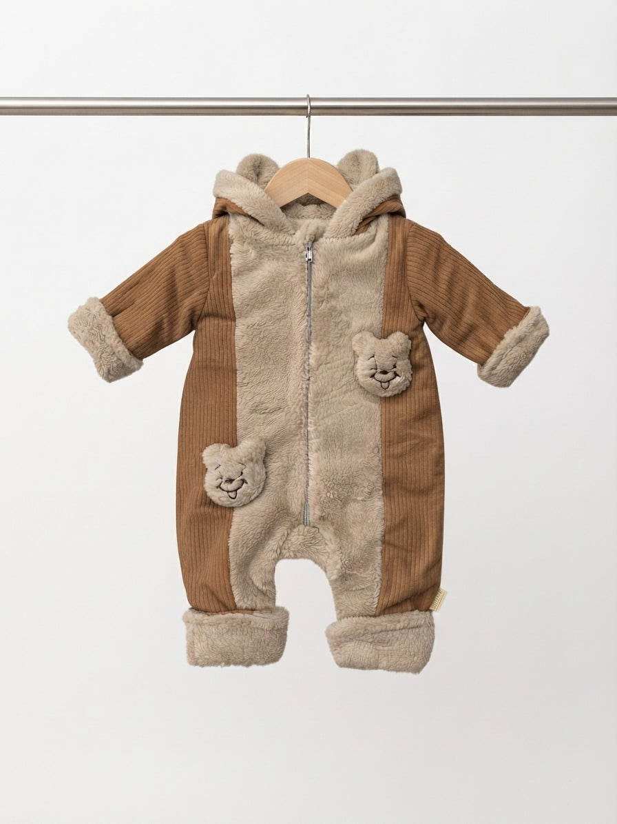 Baby Hooded Sherpa Panel Romper With Cute Bear Pockets And Zipper