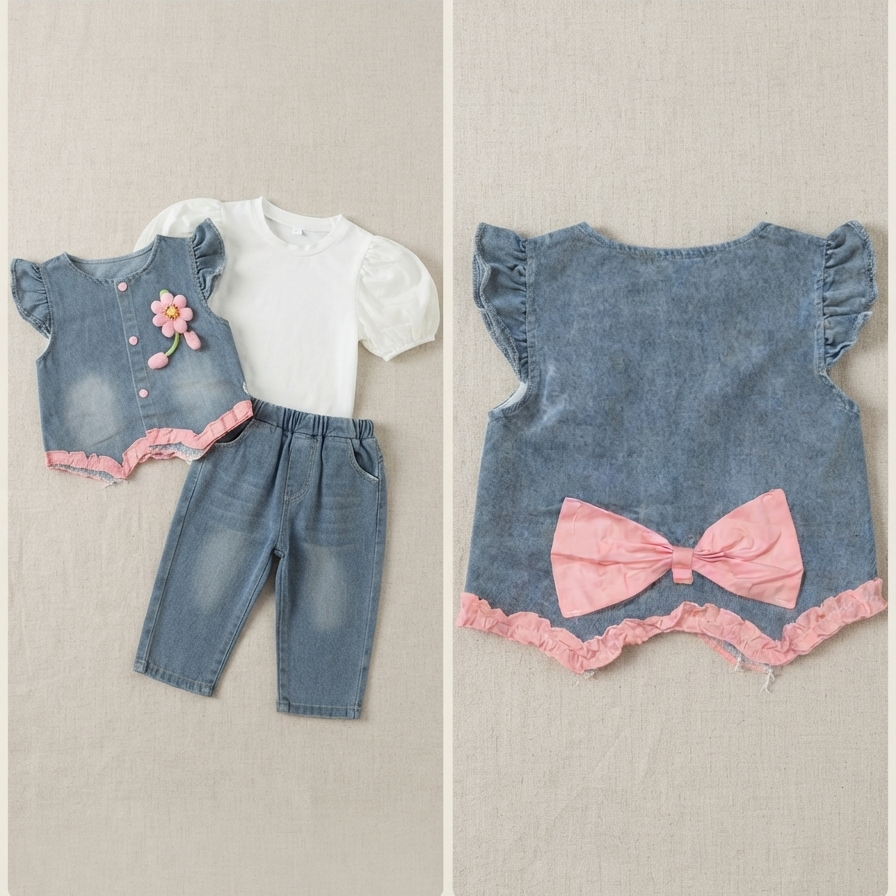 Chic 3-piece girls clothing set featuring floral vest, puff sleeve top, and full trousers.