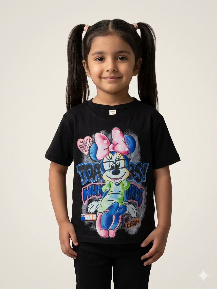 Girls Retro Mouse Graphic Tee - Fun Cartoon Character Short Sleeve Casual Cotton Fashion T-Shirt