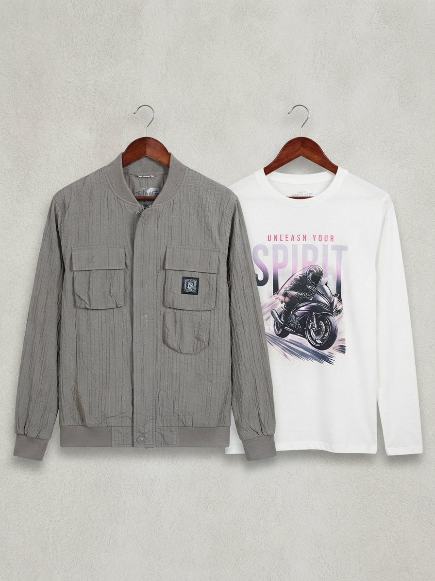 Trendy Boys Motorcycle Graphic Tee And Utility Button Jacket Outfit Combo Set