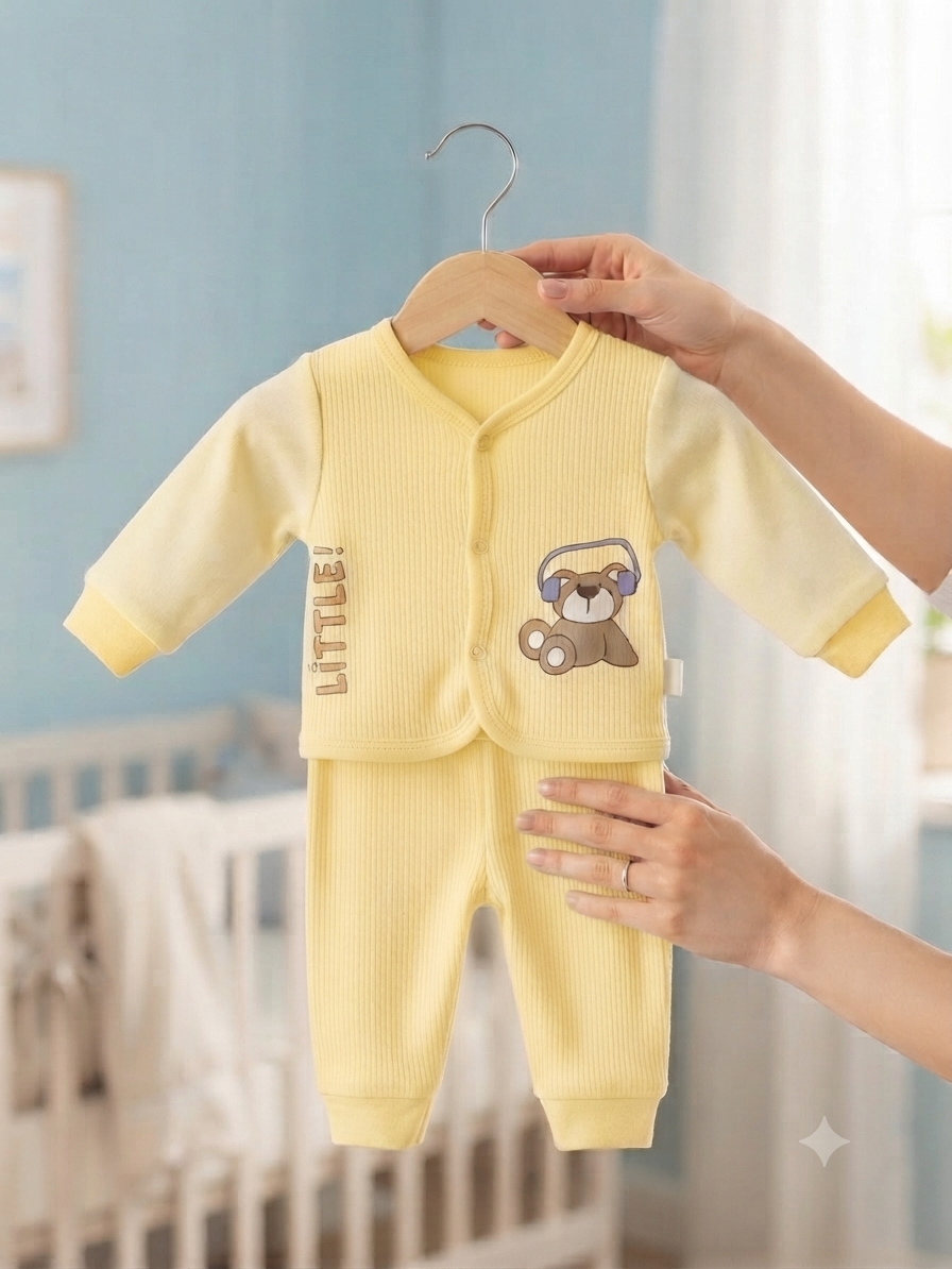 Cute Baby Bear Print Cotton Thermal Top and Bottom Clothing Set