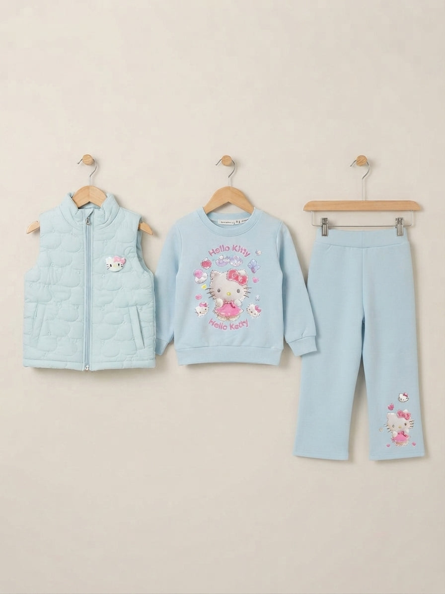 Girls Stylish 3-Piece Winter Outfit Set Featuring Quilted Vest Sweatshirt And Matching Trousers (Copy)