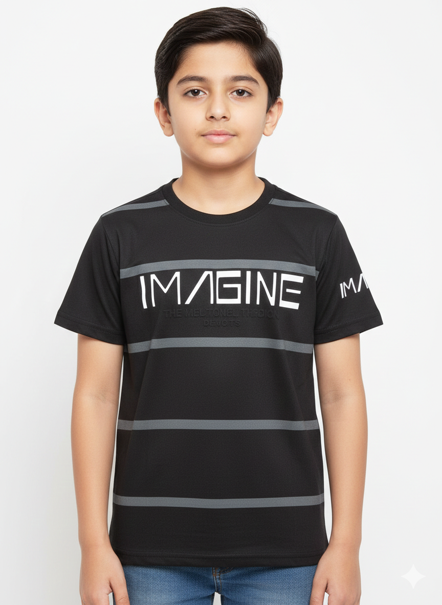 A Bold Young Individual Showcasing A Modern Black And Grey Striped Imagine Graphic T Shirt