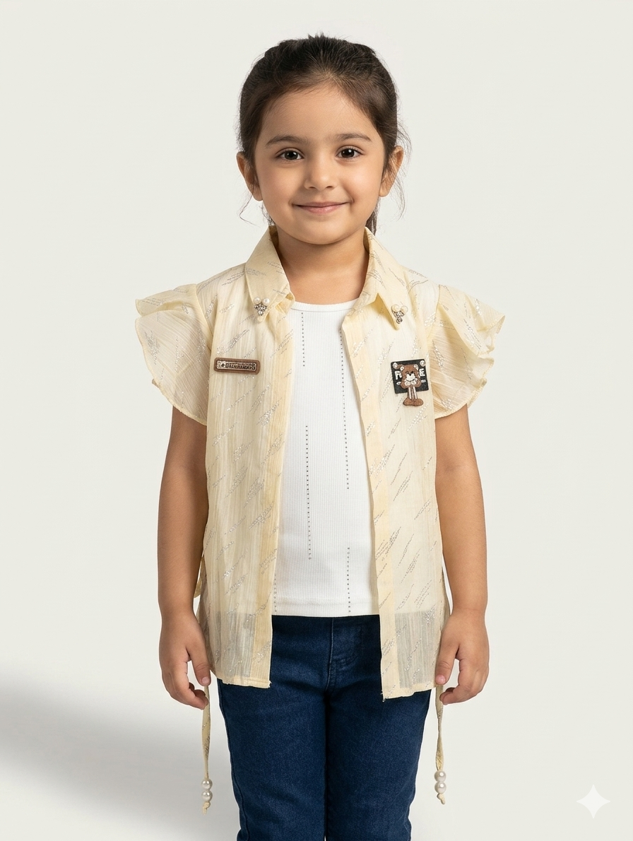 Elegant Girls' Shimmery Flutter-Sleeve Open Front Jacket with Pearl Accents and Ribbed Inner Top