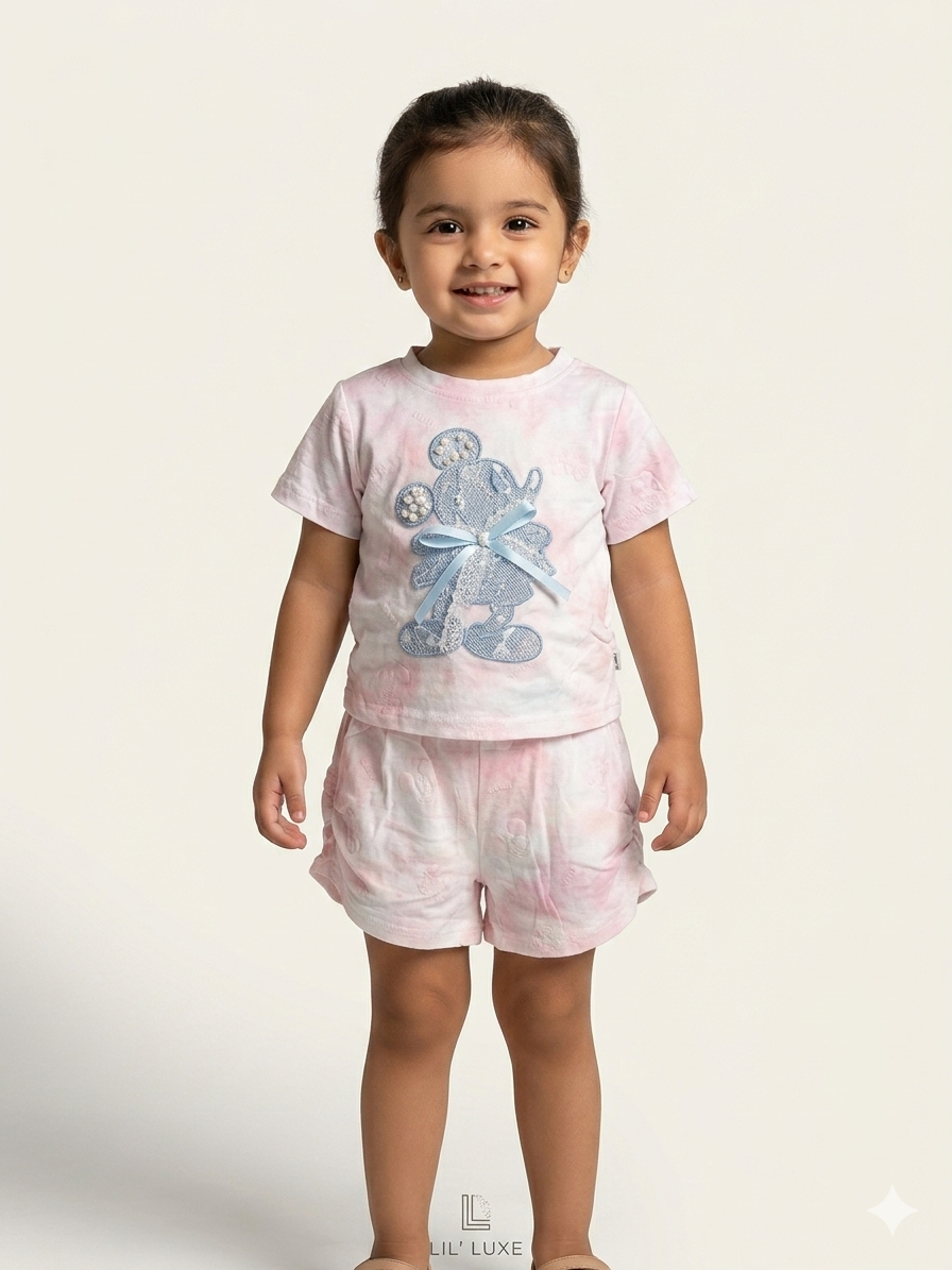 Baby Girls Cute Pink Tie Dye Mickey Mouse Patch T Shirt and Shorts Set
