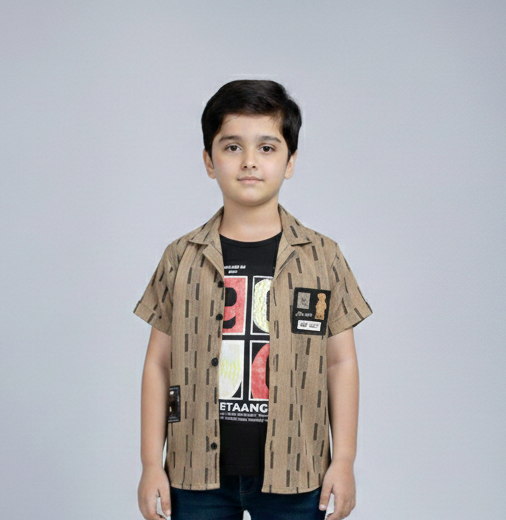 Trendy Boys' Dual-Tone Khaki and Black Graphic Layered Shirt for a Bold Urban Fashion Statement