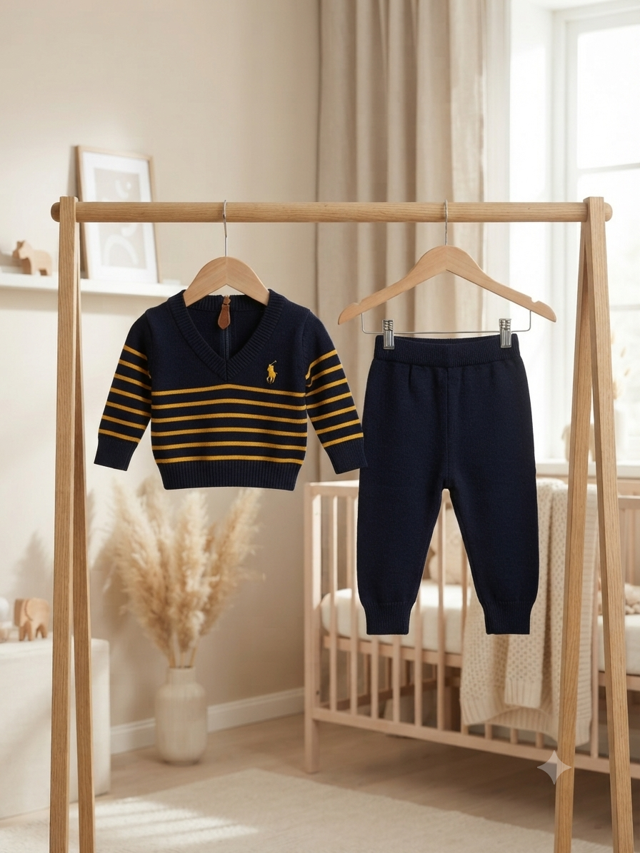 Stylish Kids Winter Knitted Striped V Neck Pullover And Full Length Trouser Set