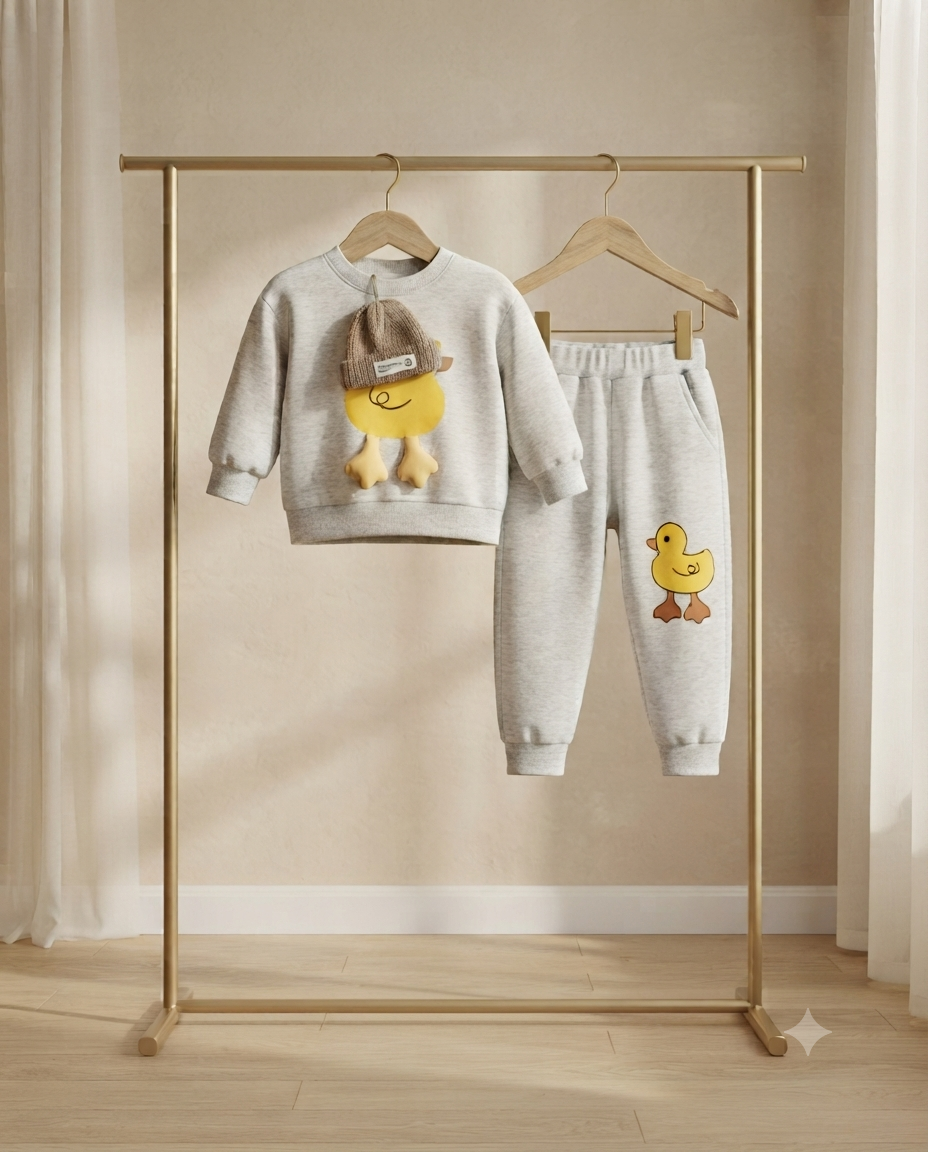 Kids Casual Stylish Duck Graphic Sweatshirt And Full Length Trouser Set For Boys