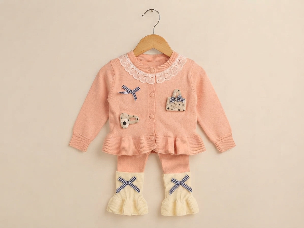 Cute Baby Girls Knitted Ruffle Cardigan And Trouser Set With Sweet Accents
