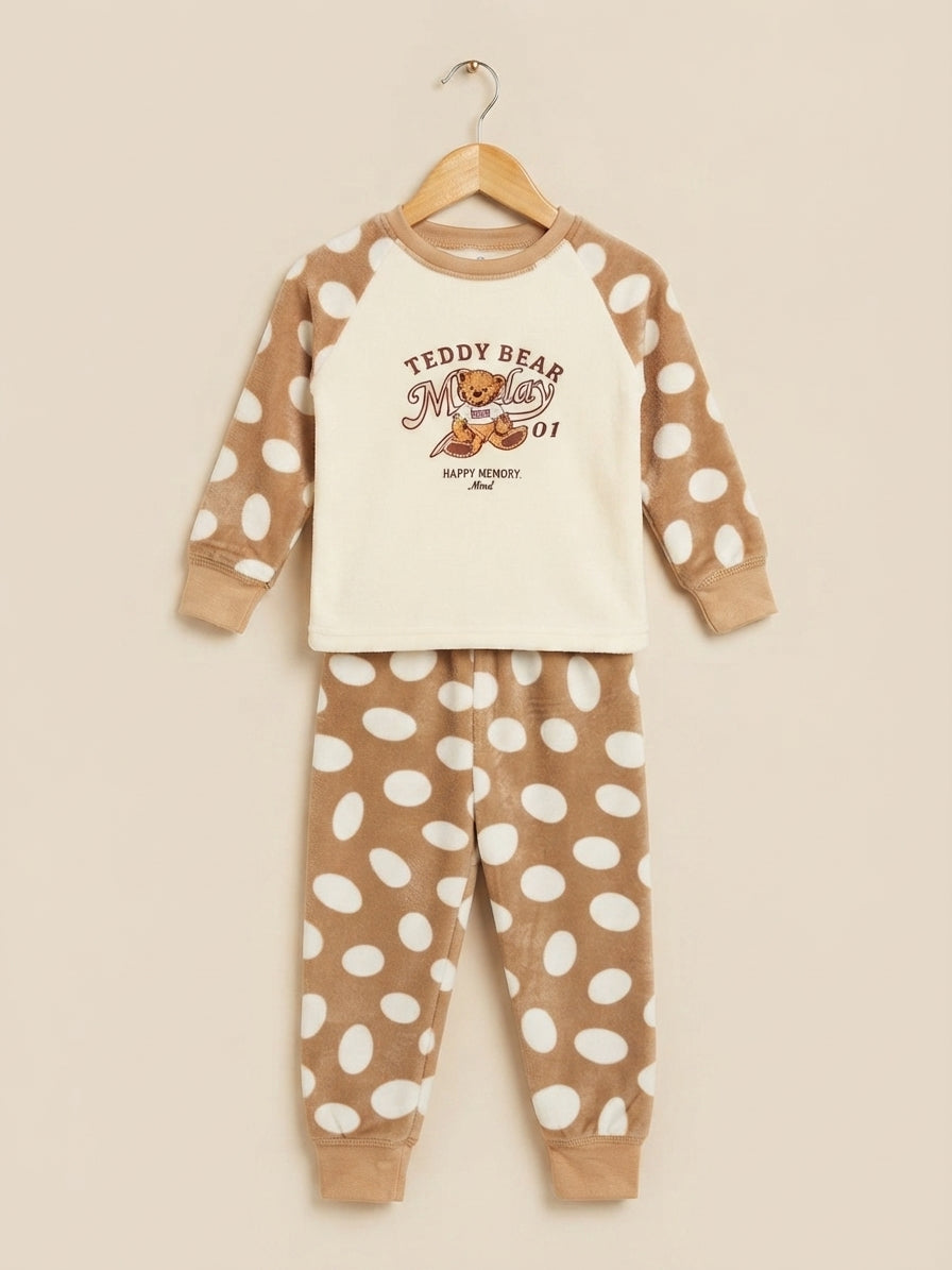 Cozy Kids Polka Dot Fleece Pajama Set With Cute Bear Graphic And Matching Trousers
