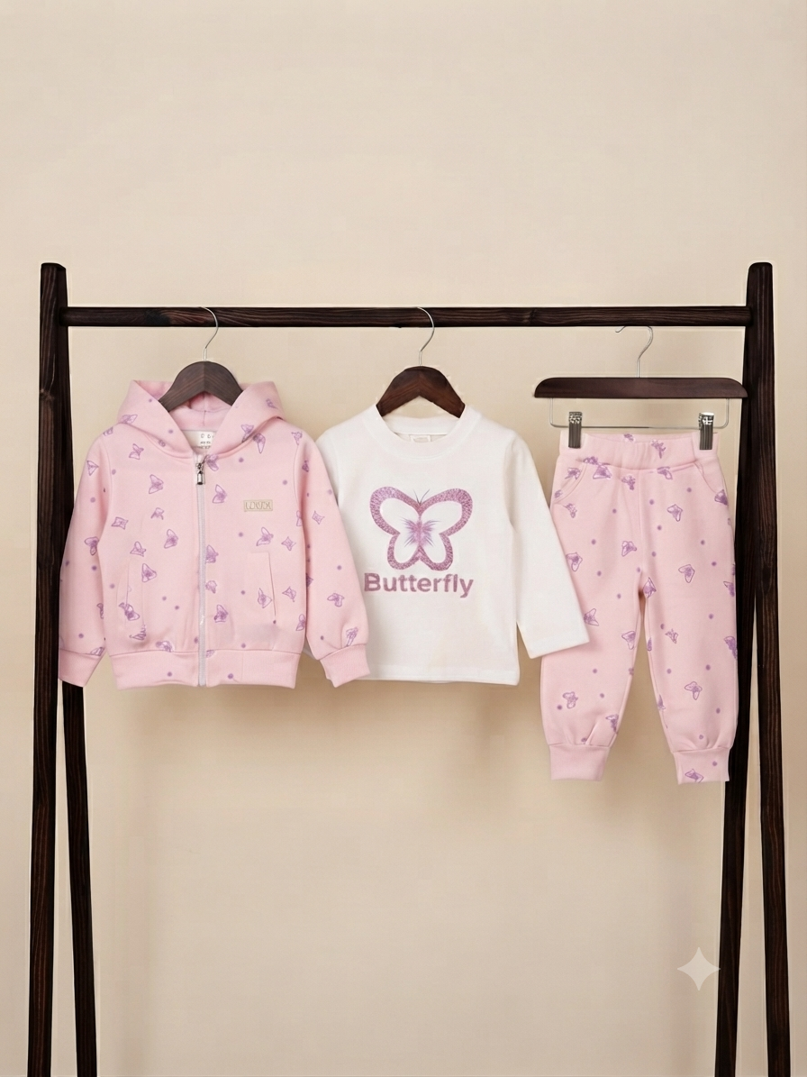 Kids Girls Butterfly Print 3-Piece Zip-Up Hoodie Shirt and Full Length Trouser Set