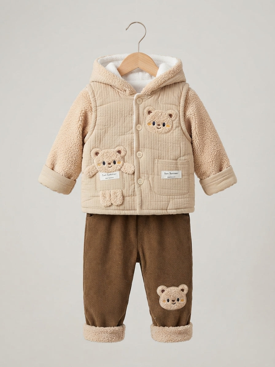 Cute Kids Winter Outfit Set with Hooded Jacket and Matching Brown Pants