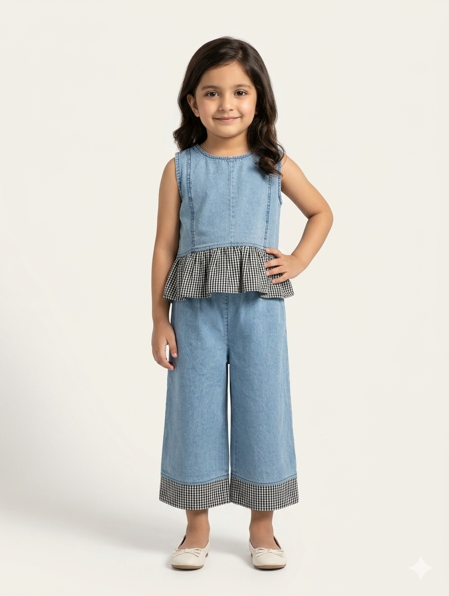 Girls Denim Two-Piece Set – Sleeveless Peplum Top and Wide-Leg Pants with Gingham Trim