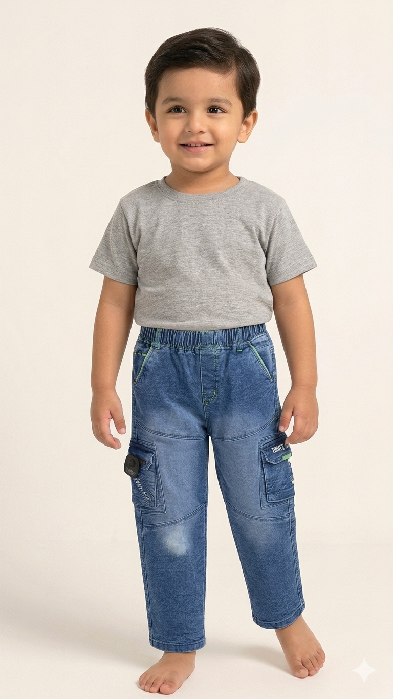 Boys Blue Denim Cargo Jeans Elastic Waist Wide Leg Casual Pocket Trousers for Kids