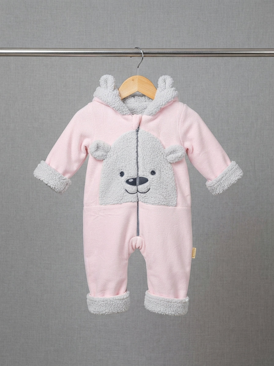 Baby Fleece Hooded Romper With Cute Bear Face Design And Sherpa Trim