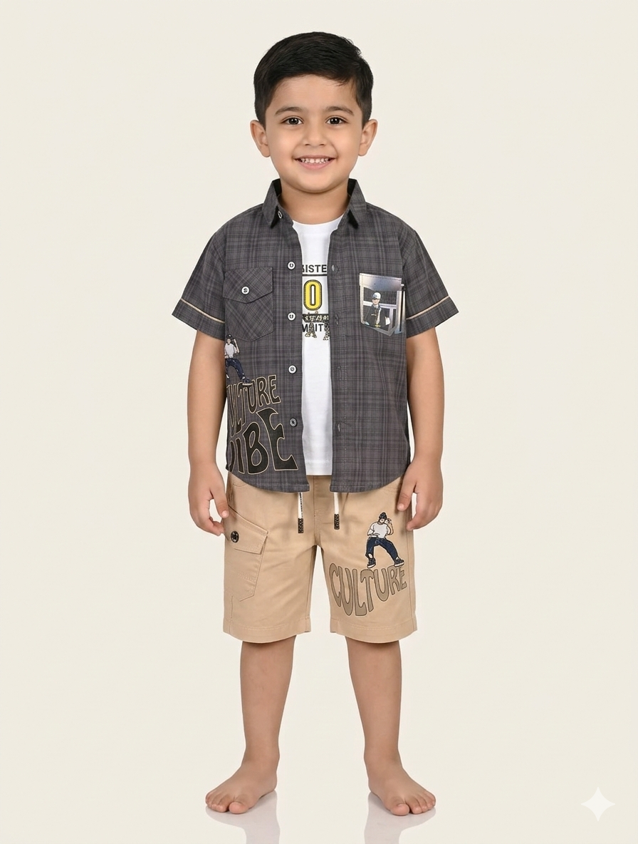 Boys Modern Plaid Streetwear Set with Graphic Tee and Cargo Shorts with Culture Print