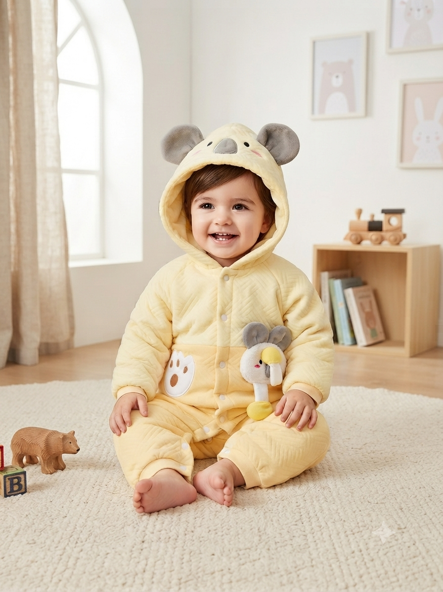 Cute Yellow Koala Hooded Baby Romper Warm Fleece Winter Jumpsuit For Toddler Boys And Girls