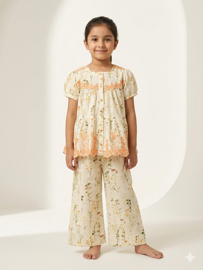Girls' Cream Floral Meadow Peplum Blouse and Wide-Leg Trouser Set with Peach Lace Trim