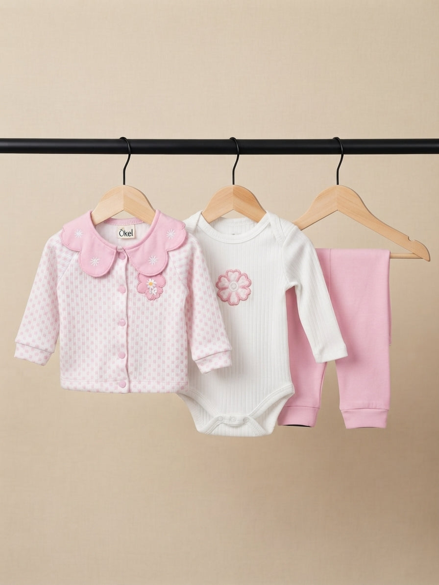 Baby Floral Print Cardigan Body And Pants Set With Scalloped Collar