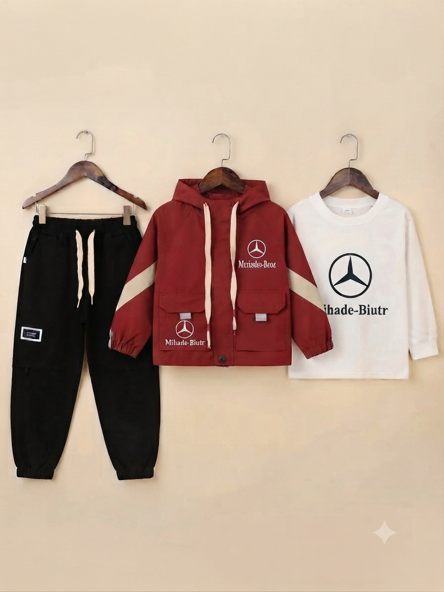 Kids 3 Piece Stylish Winter Outfit Set With Hooded Jacket Shirt And Comfortable Pants