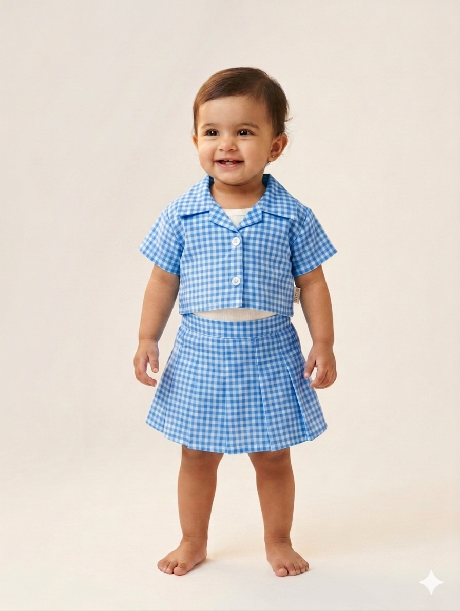 Toddler Girls Gingham Crop Shirt and Pleated Skirt Two-Piece Matching Summer Set