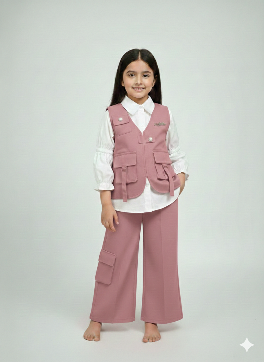 Girls' Three-Piece Utility Vest and Wide-Leg Cargo Pant Set with Puff-Sleeve Blouse
