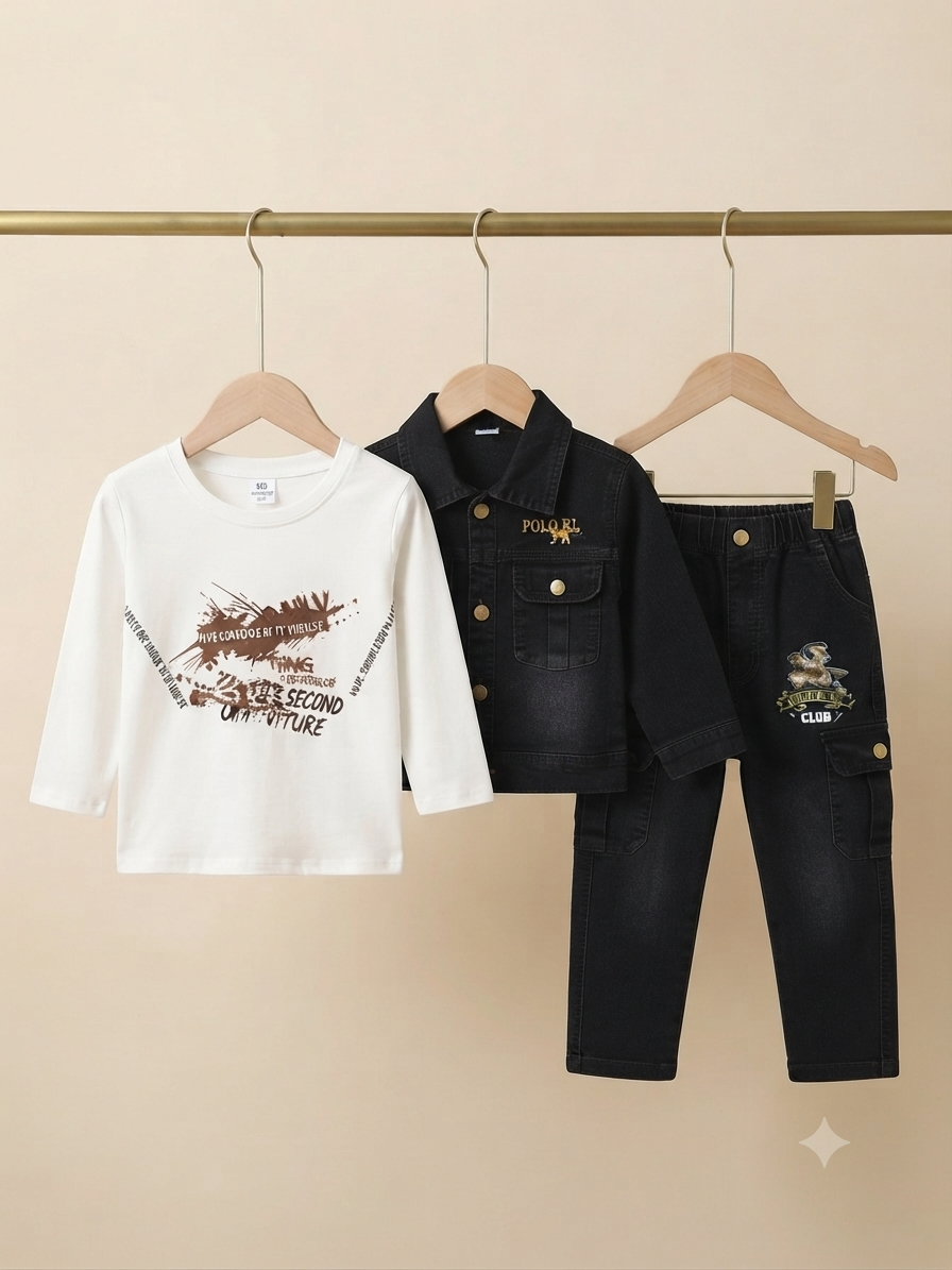 Kids Stylish 3-Piece Polo RL Denim Outfit Set With Shirt And Cargo Pants