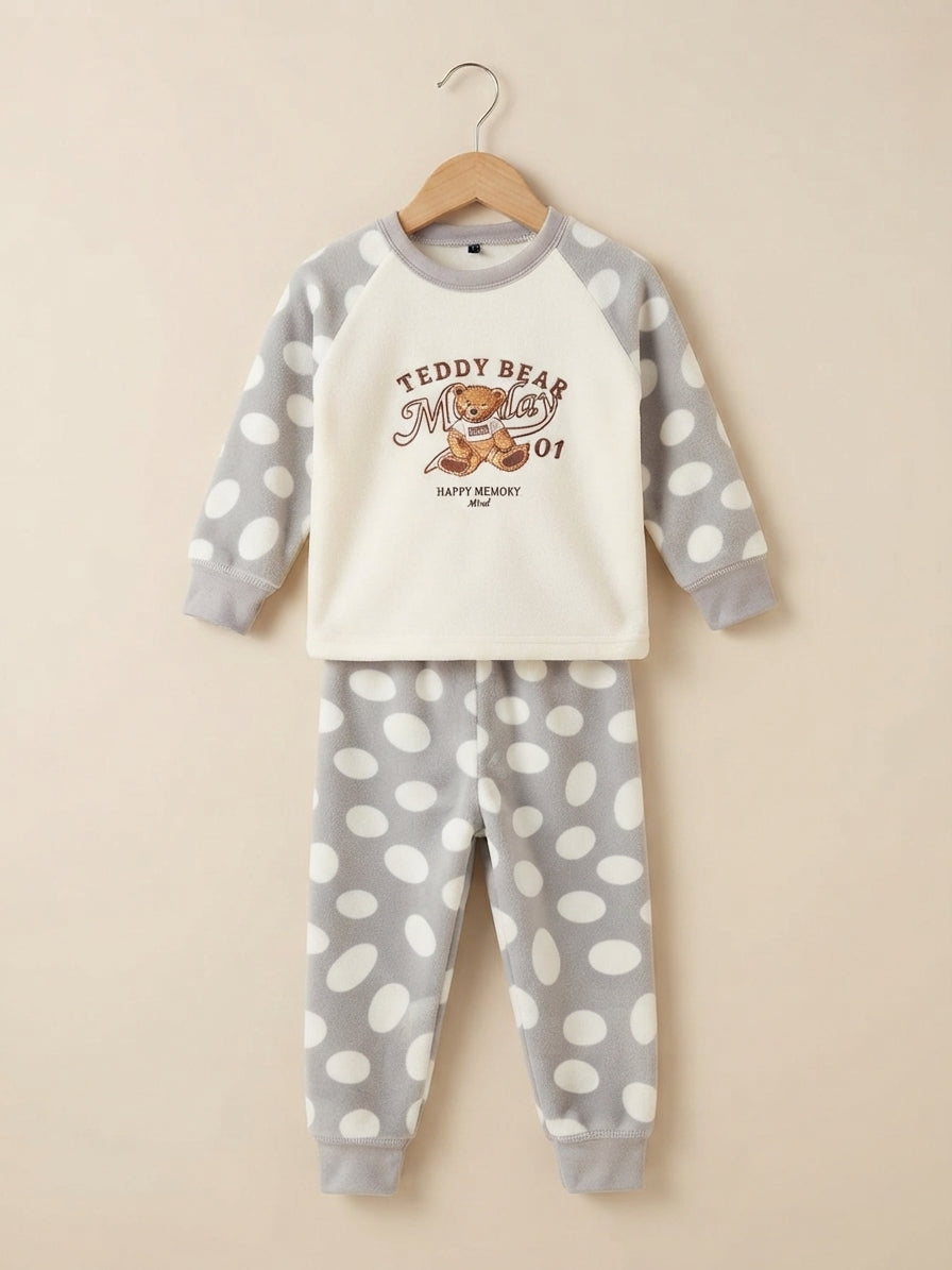 Cozy Kids Polka Dot Fleece Pajama Set With Cute Bear Graphic And Matching Trousers