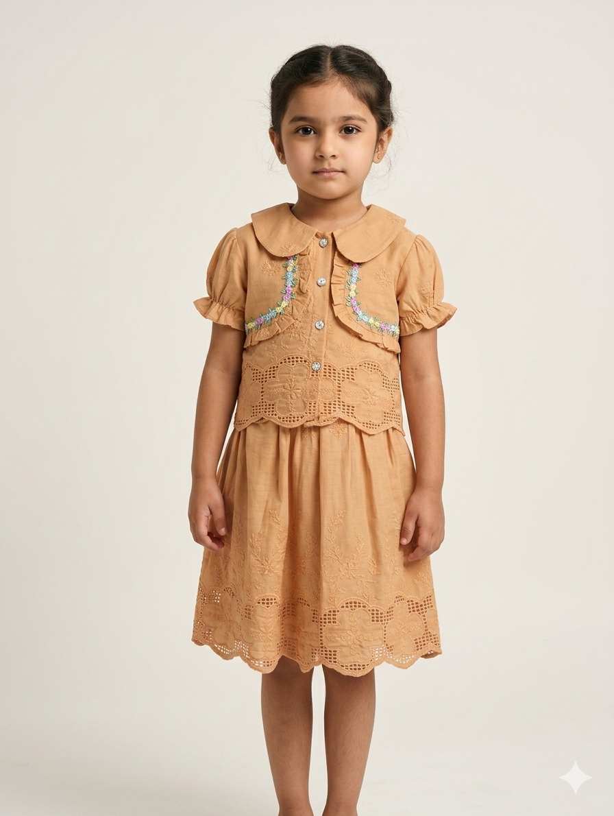 Girls Elegant Eyelet Embroidered Two Piece Summer Dress Set With Peter Pan Collar Detail