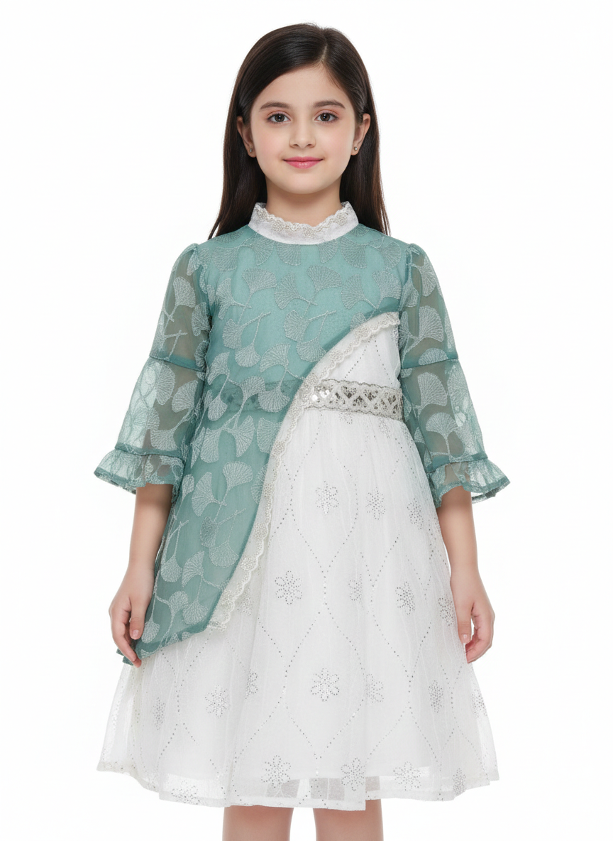 Girls’ Elegant Two-Tone Occasion Dress with Asymmetric Floral Overlay and Shimmering Tulle Skirt