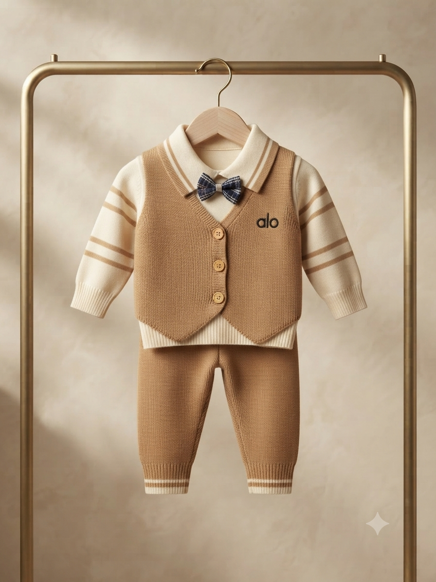 Elegant Gentleman Knitted Formal Two Piece Baby Set With Bow Tie For Special Occasions