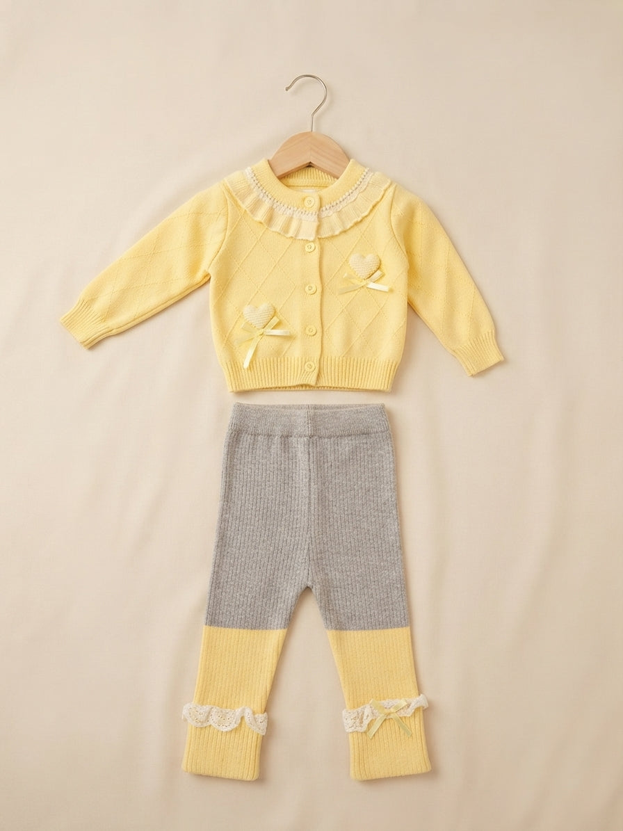 Charming Knit Cardigan and Matching Pants Set Featuring Elegant Lace Trim and Heart Accents