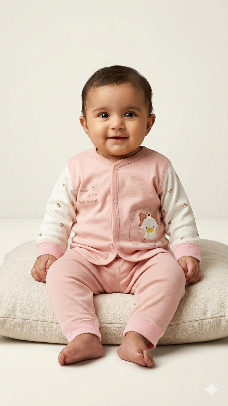 Soft Organic Cotton Baby Lounge Set Comfortable Long Sleeve Pajamas Featuring Cute Bear Design Outfit