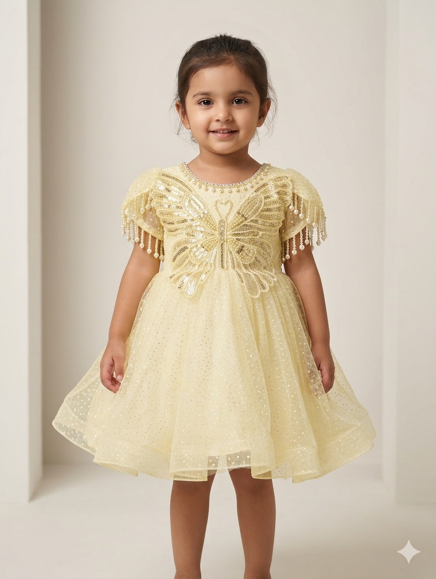 Girls Sequin Butterfly Applique Tulle Party Dress with Pearl Fringe Sleeves and Glitter Finish